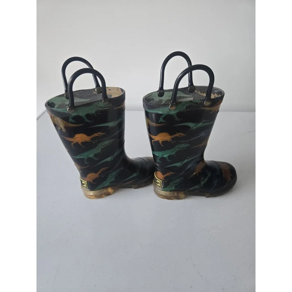 Western Chief Dino Stomp Light Up Rain Boots Kids Size 6 Black Dinosaur Pull On
